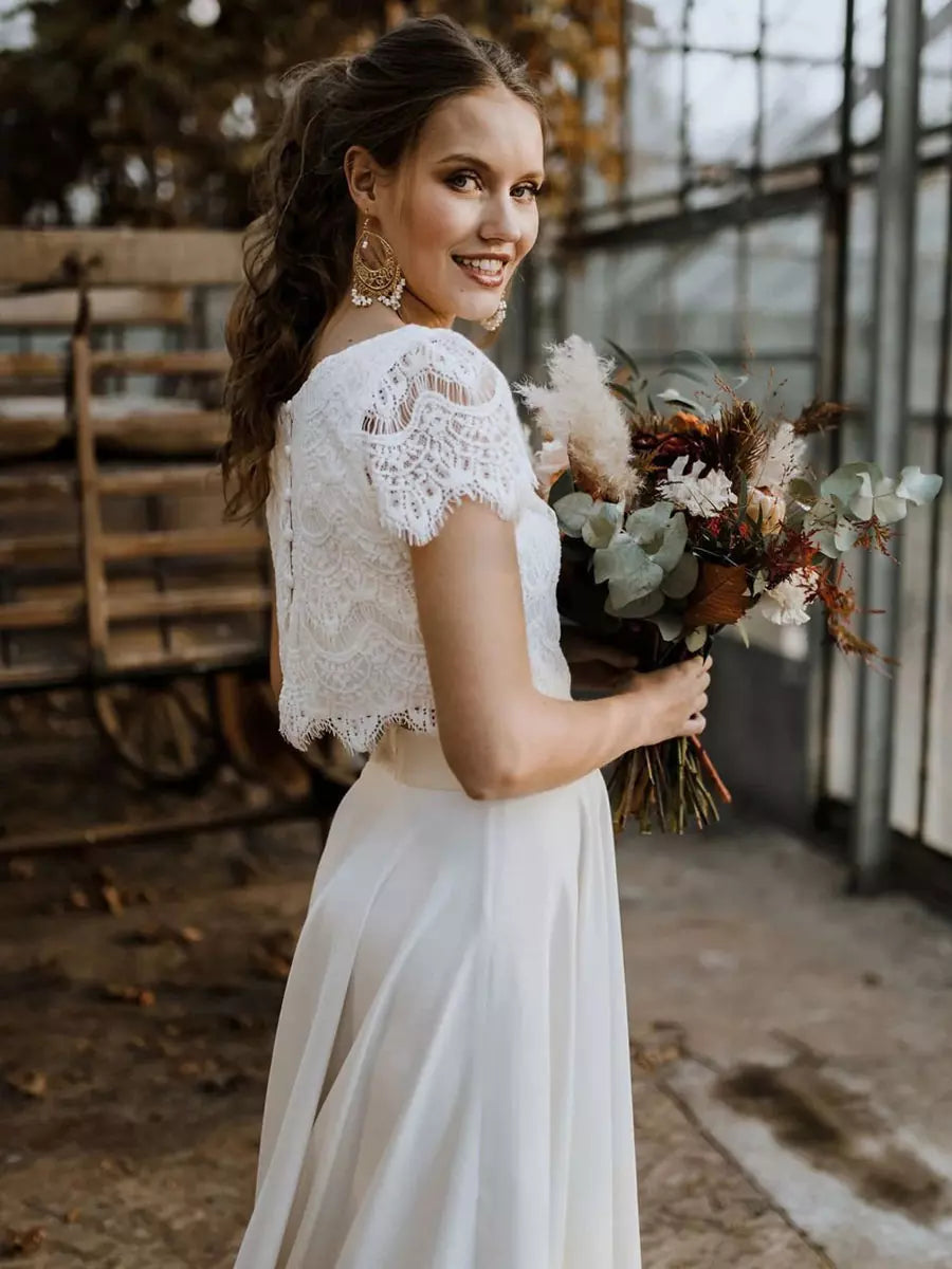 Women’s White Two-Piece Bridal Gown – Elegant Lace Top and Flowing Maxi Skirt