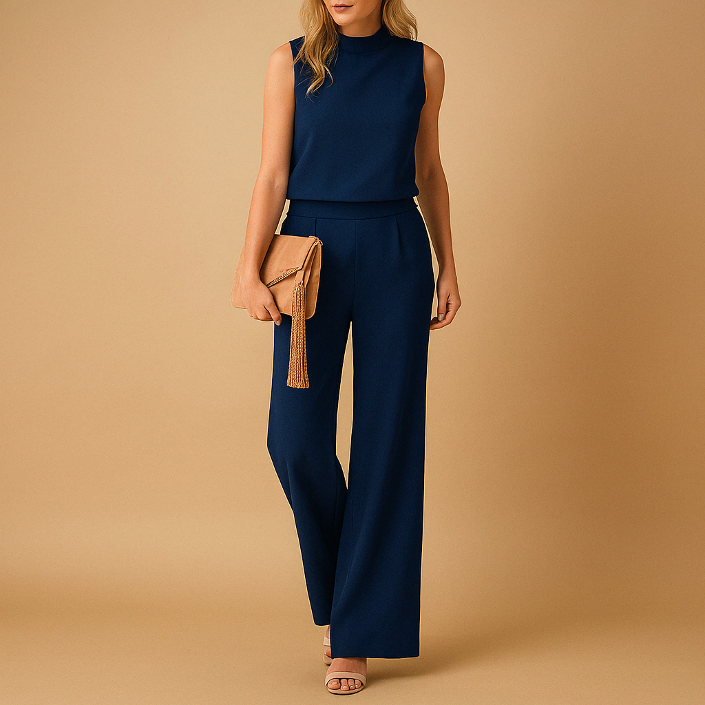 Women’s Wide Leg Jumpsuit – Round Neck Mid-Waist Fit for Elegant Styling