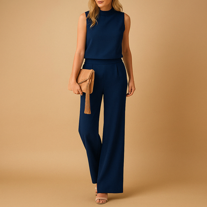 Women’s Wide Leg Jumpsuit – Round Neck Mid-Waist Fit for Elegant Styling