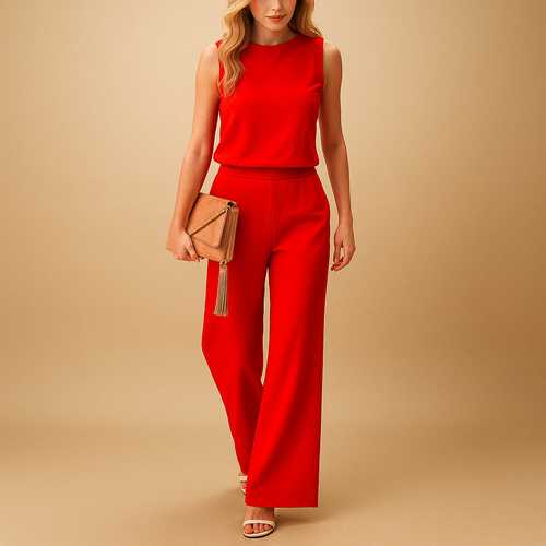 Women’s Wide Leg Jumpsuit – Round Neck Mid-Waist Fit for Elegant Styling