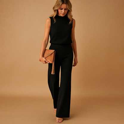 Women’s Wide Leg Jumpsuit – Round Neck Mid-Waist Fit for Elegant Styling