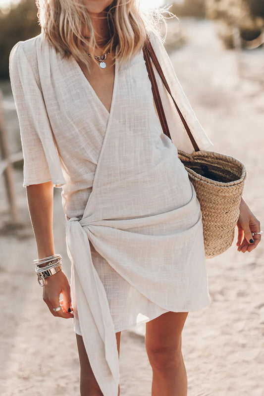 Women’s Wrap Linen Mini Dress – Asymmetrical Hem and Adjustable Fit for Summer