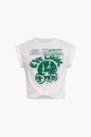 Womens Graphic Tees Rolled Sleeves Crop Top 0