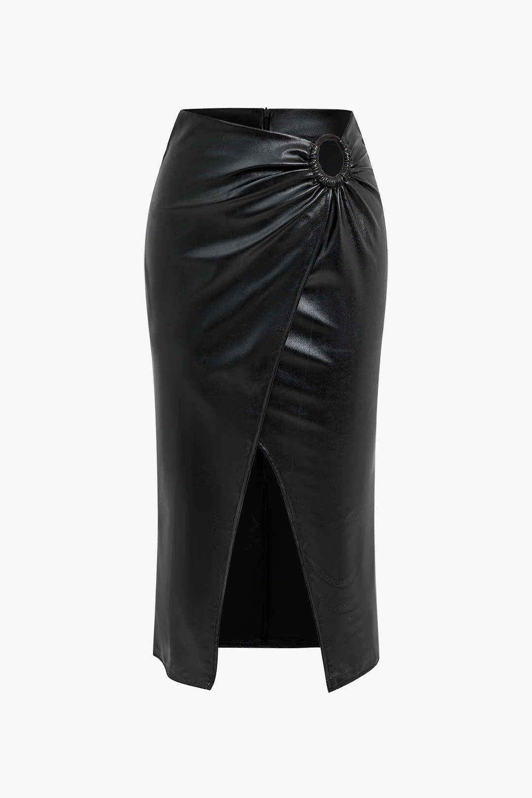 Womens Midi Skirt Black Leather 0