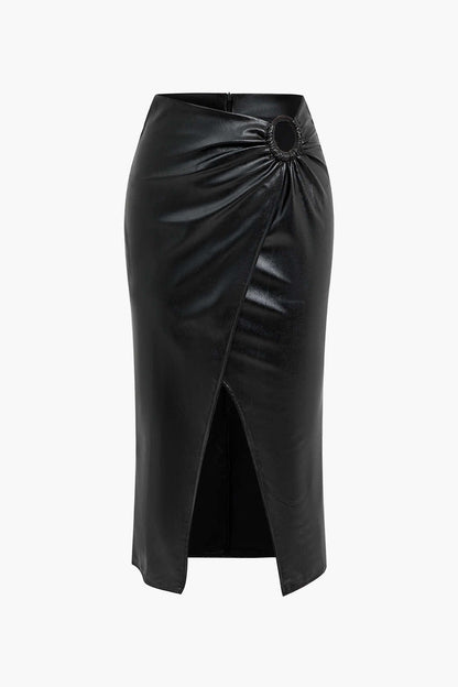 Womens Midi Skirt Black Leather 0