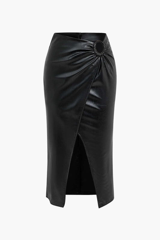Womens Midi Skirt Black Leather 0