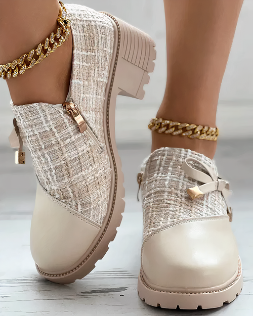 Women's Tweed Block Heel Loafers – Elegant Textured Dress Shoes