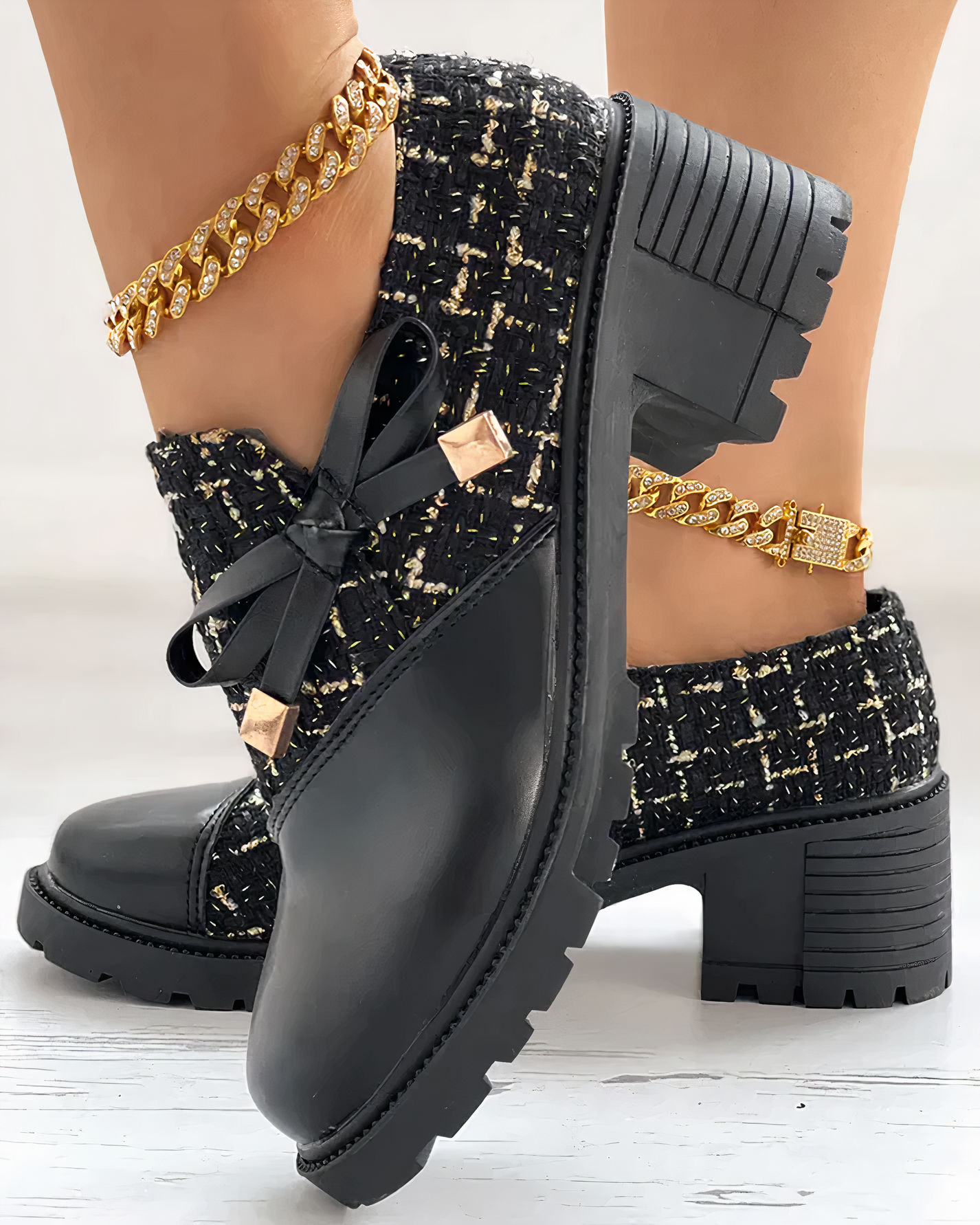 Women's Tweed Block Heel Loafers – Elegant Textured Dress Shoes