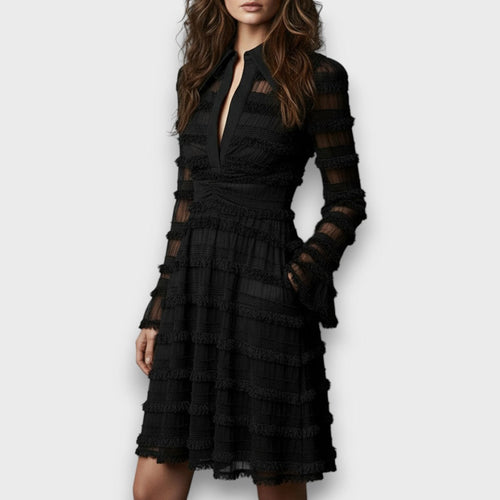 Women's Ruched V-Neck Midi Dress – Elegant Long Sleeve Black Evening Dress