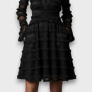 Women's Ruched V-Neck Midi Dress – Elegant Long Sleeve Black Evening Dress