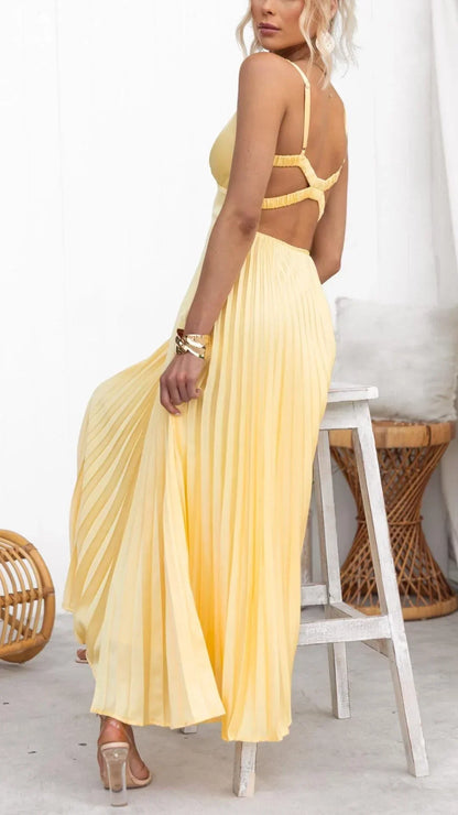 Yellow V-Neck Pleated Maxi Dress – Elegant Back-Strap Gown