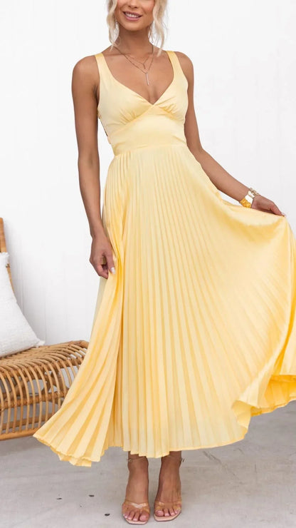Yellow V-Neck Pleated Maxi Dress – Elegant Back-Strap Gown