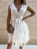 Women's V-Neck Sleeveless Lace Midi Dress – Wedding Guest Gown