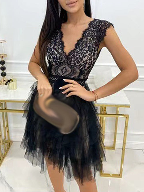 Women's V-Neck Sleeveless Lace Midi Dress – Wedding Guest Gown