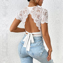 Women's Black Lace Open-Back Bodysuit – Round Neck Elegant Slim Fit Top