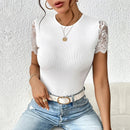 Women's Black Lace Open-Back Bodysuit – Round Neck Elegant Slim Fit Top