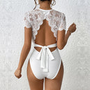 Women's Black Lace Open-Back Bodysuit – Round Neck Elegant Slim Fit Top