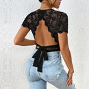 Women's Black Lace Open-Back Bodysuit – Round Neck Elegant Slim Fit Top