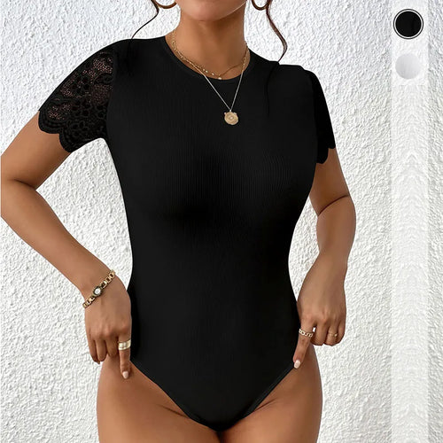 Women's Black Lace Open-Back Bodysuit – Round Neck Elegant Slim Fit Top