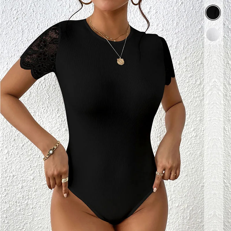 Women's Black Lace Open-Back Bodysuit – Round Neck Elegant Slim Fit Top