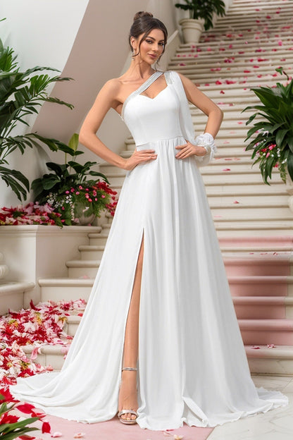 Asymmetric Gown Chiffon One Sleeve Prom Dress