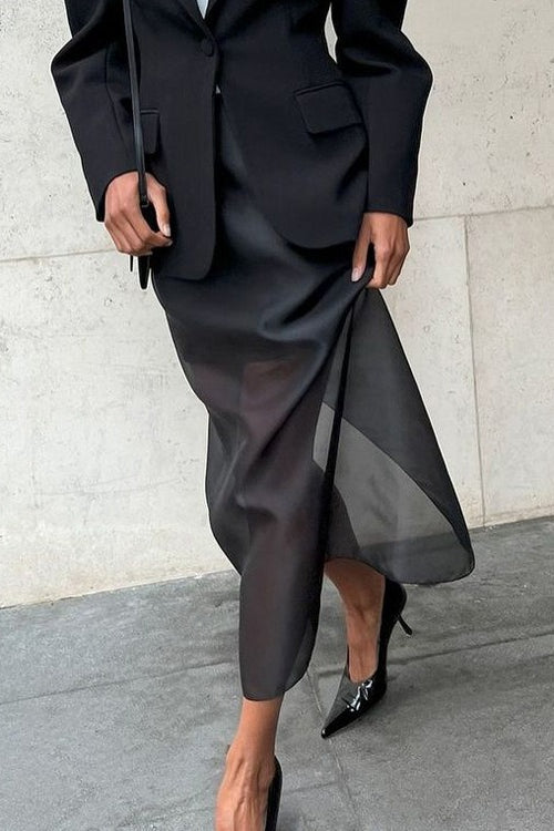 Double Layer Sheer Black High Slit Bodycon Skirt