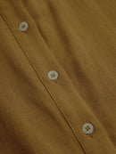 Women's Mustard Elegant Linen Blended Button - Front Belted Midi Shirt Dress