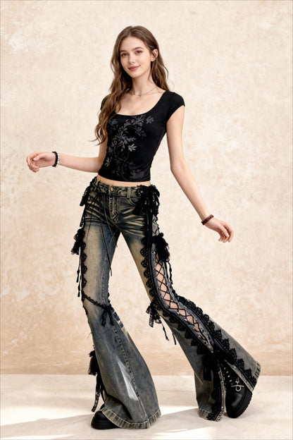 American Retro Lace Strap Slit Bell-bottom Jeans