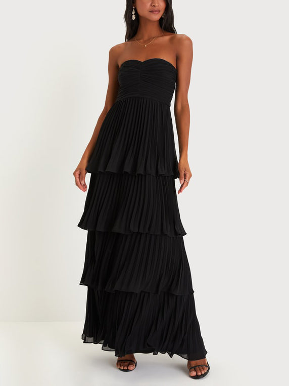 Women's Strapless Ruched Tiered Maxi Occasion Dress – Elegant Evening Dress