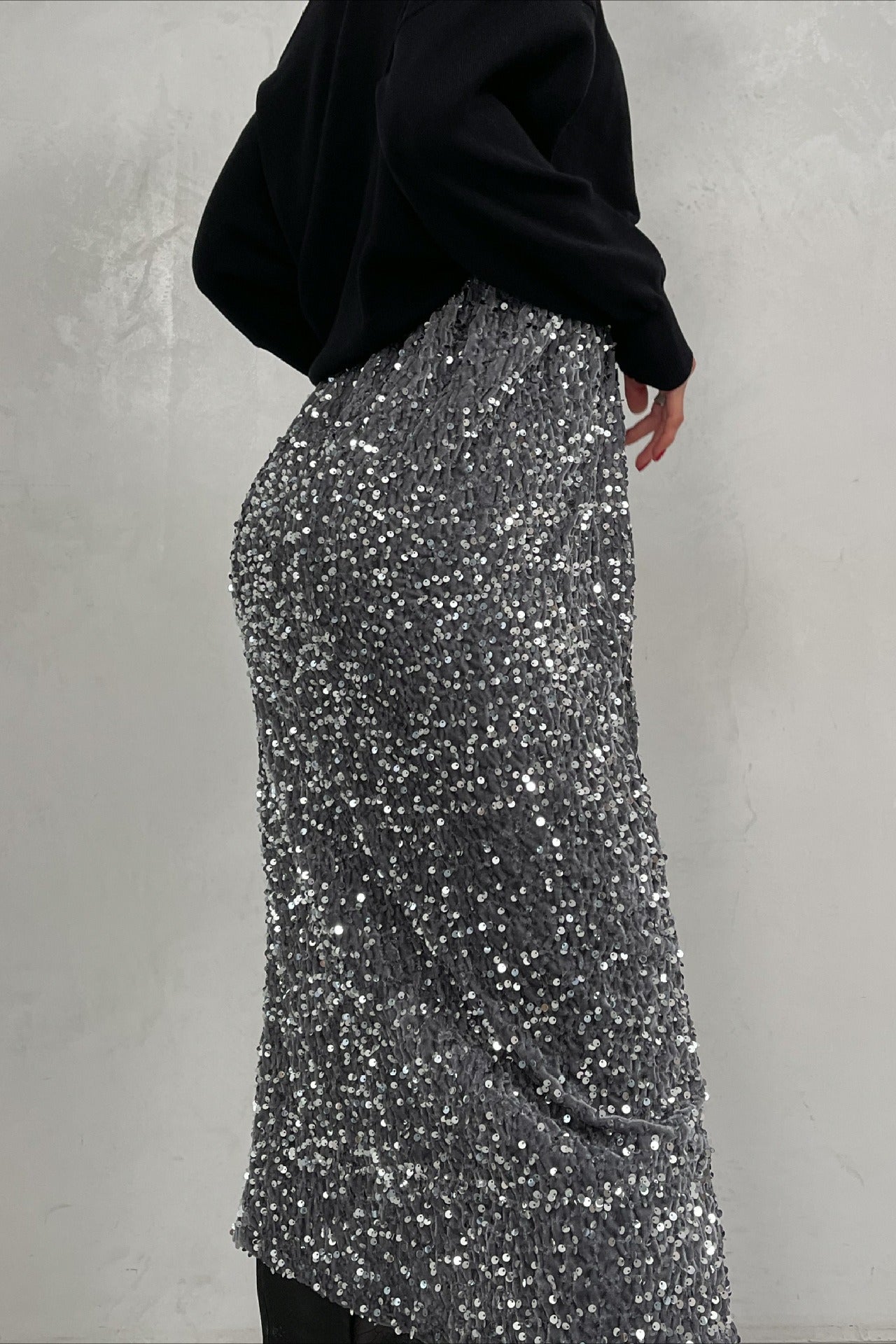 Sequin High Waist Slit Bodycon Midi Skirt