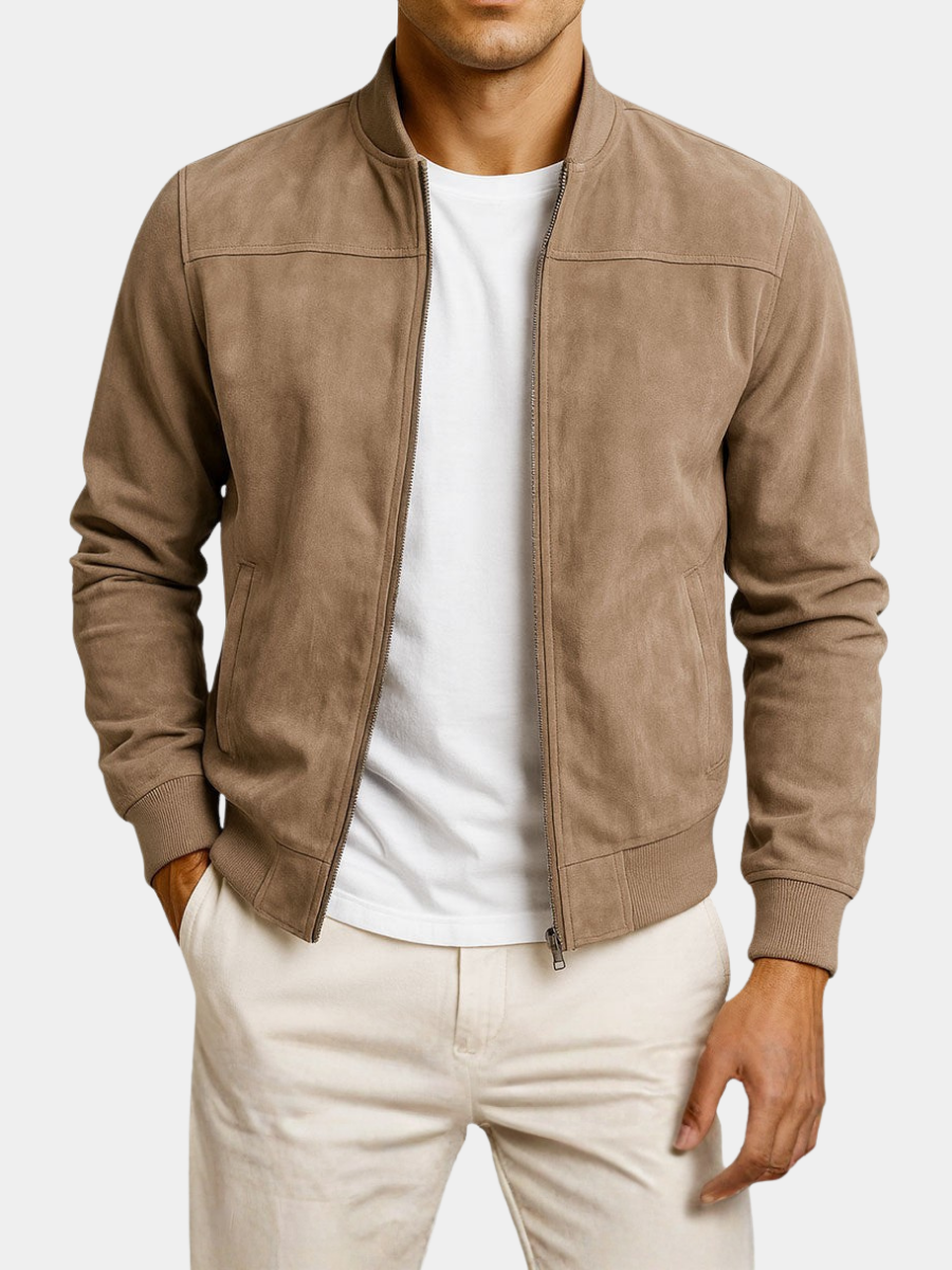 Men's Suede Zip-Up Long Sleeve Jacket – Casual Slim Fit Coat