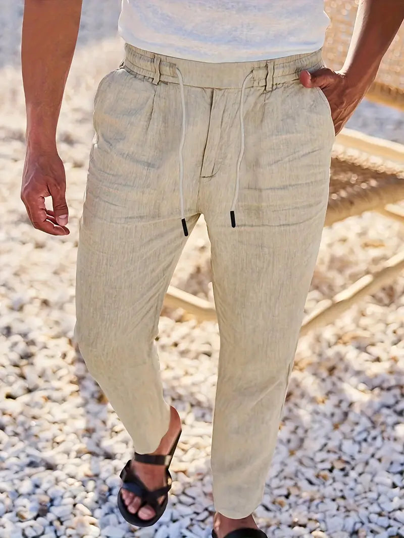 Men's Wide-Leg Linen Trousers – Drawstring Casual Summer Pants