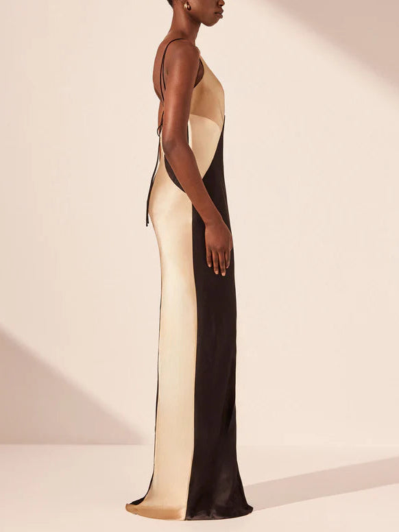 Women's Contrasting Satin V-Neck Double Strap Maxi Dress – Elegant Evening Gown