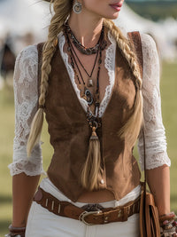 Women's Western Suede Shirt With Lace Sleeves – Brown Cowgirl Blouse