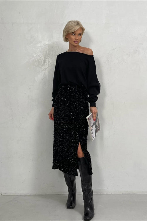 Sequin High Waist Slit Bodycon Midi Skirt