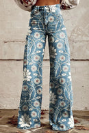 Women's Wide-Leg Printed Jeans – Flared Statement Denim Trousers