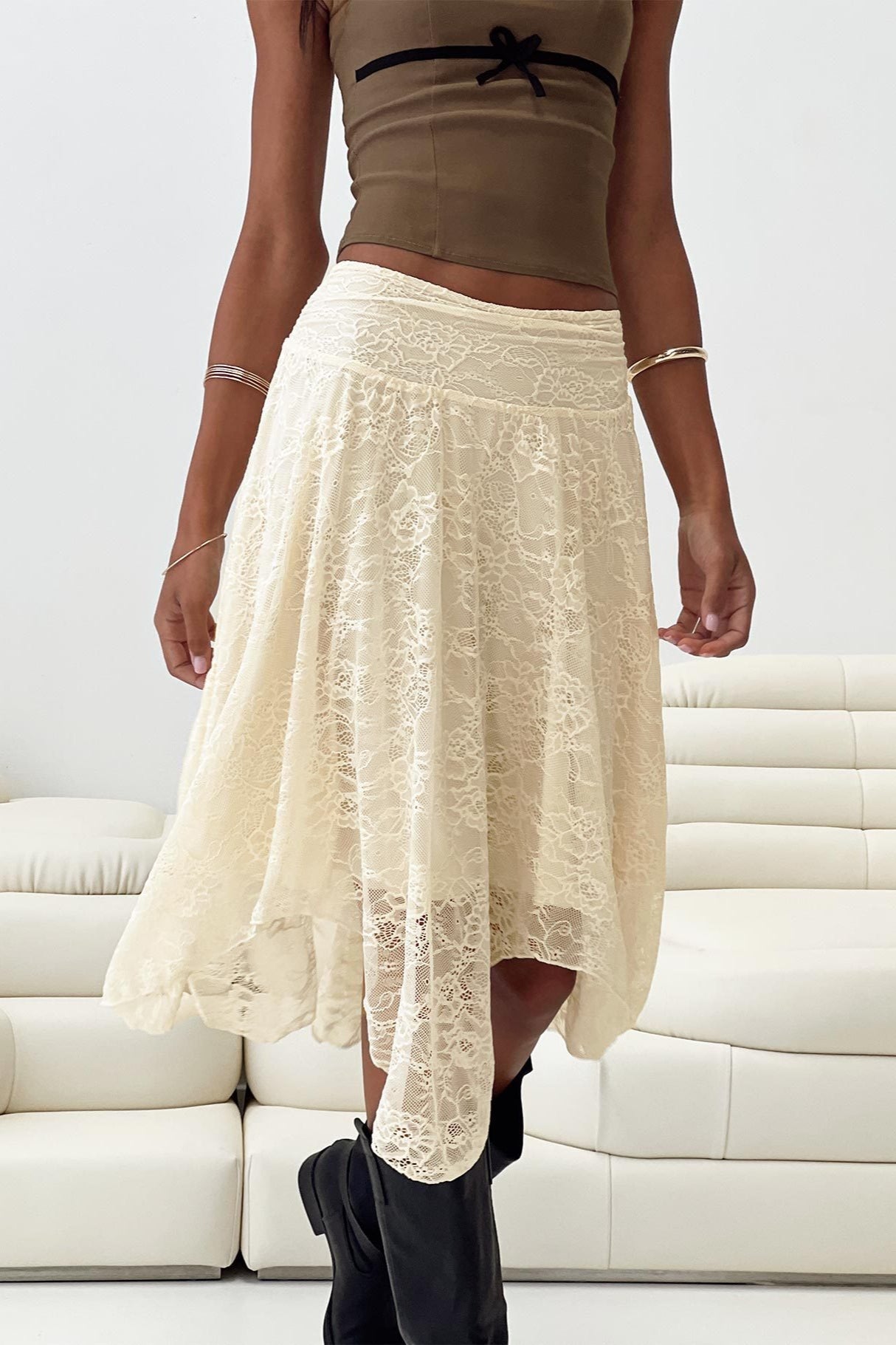 Asymmetrical Hem Lace Detail Midi Skirt
