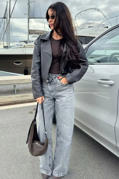 Asymmetric High Waist Straight Jeans