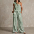 Two-Tone Linen Set: Sleeveless Top & Trousers