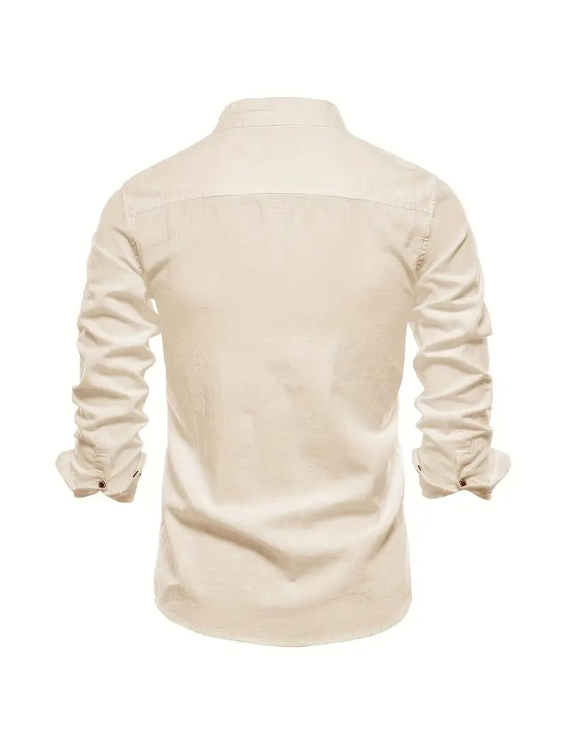 Men’s Band Collar Button Down Shirt - Stylish Long Sleeve