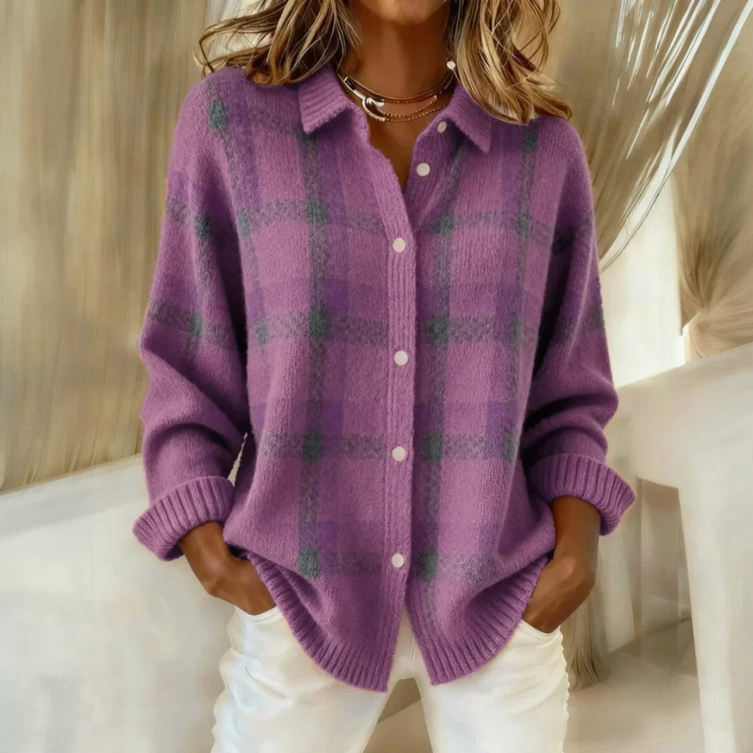 Women’s Loose Fit Buttoned Knit Cardigan - Stylish Check Pattern Design