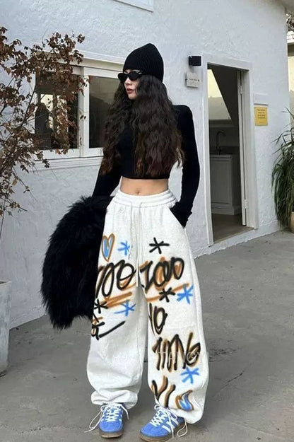 American Hip Hop Plus Size Fleece Lined Loose Wide Leg Pants