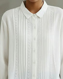 Women's White Pintuck Lace-Trim Longsleeve Shirt – Elegant Feminine Top