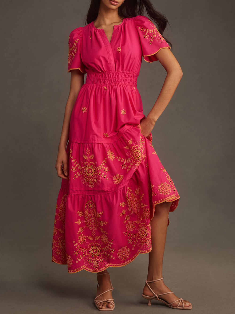 Women's Flowing Printed Maxi Dress With Gathered Waist – Elegant Summer Dress