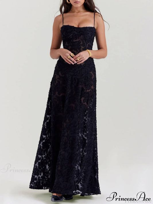 Black Floral Lace Charming Back Maxi Dress