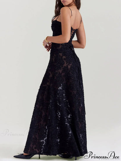 Black Floral Lace Charming Back Maxi Dress