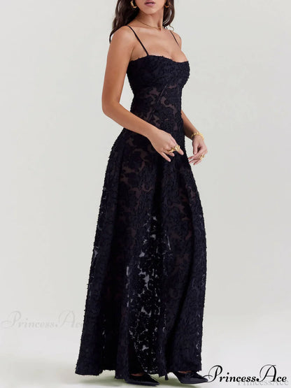 Black Floral Lace Charming Back Maxi Dress