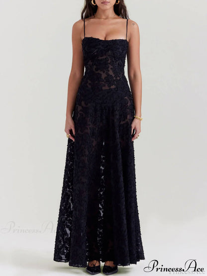 Black Floral Lace Charming Back Maxi Dress