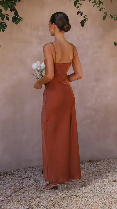 Sleeveless Satin Dress with Cowl Neck and Slit