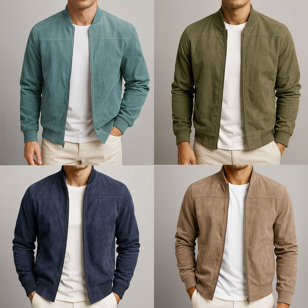 Men's Suede Zip-Up Long Sleeve Jacket – Casual Slim Fit Coat